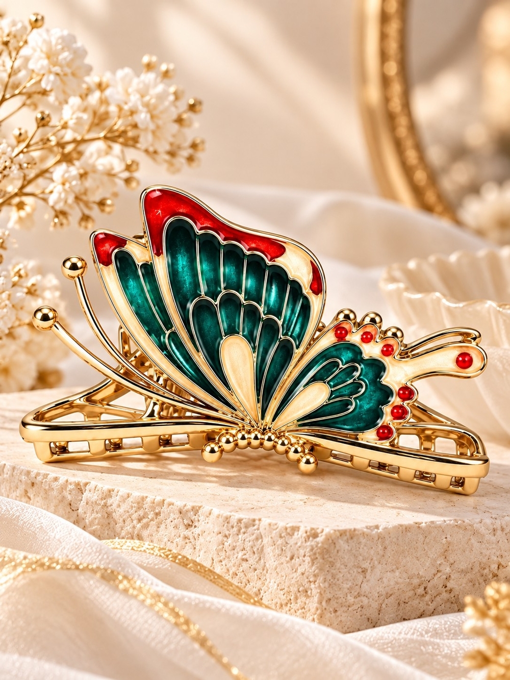 Gold Butterfly Hair Clip with Emerald Green and Red Enamel Accents